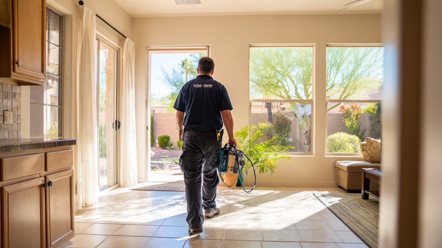 ClearCo technician carrying cleaning equipment into an East Valley home