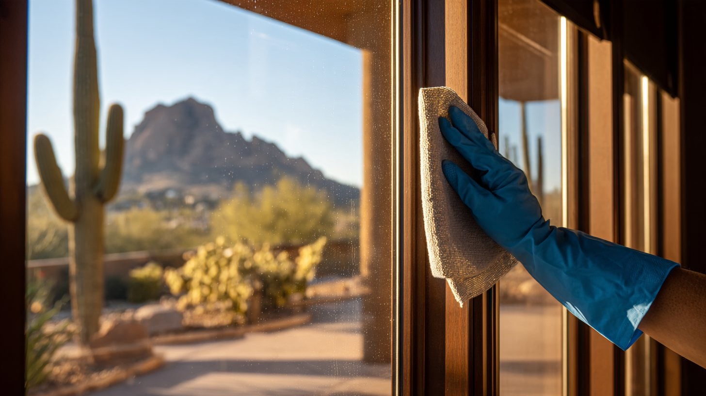 Technician removing hard water stains from a window in Mesa AZ