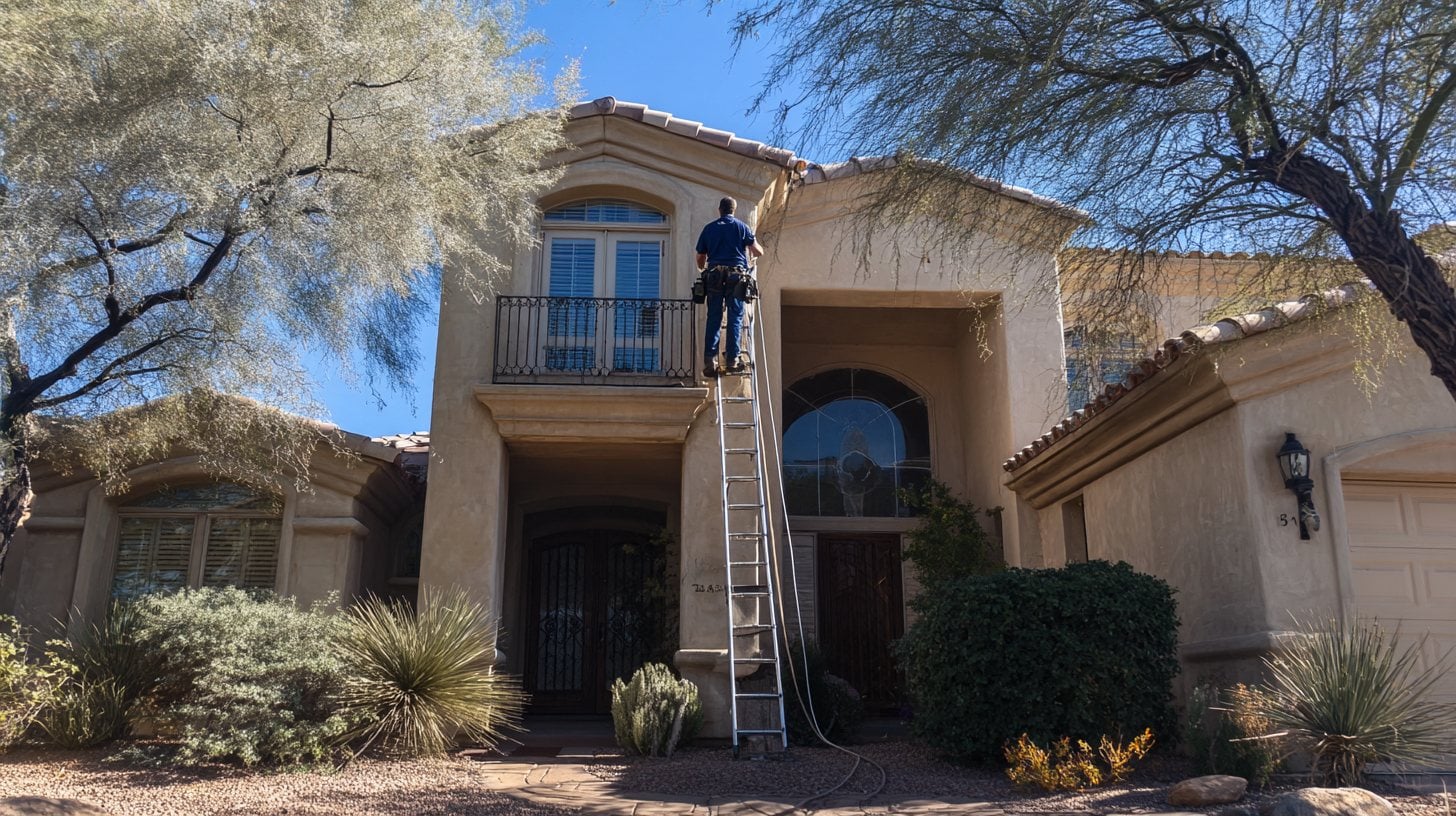 ClearCo window cleaning technician on a ladder in the East Valley