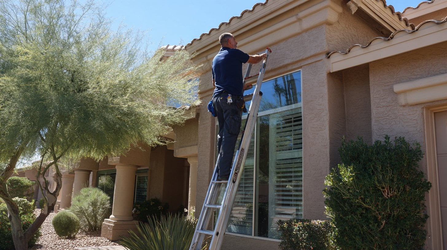 Clean front windows on an Arizona home after hard water stain removal