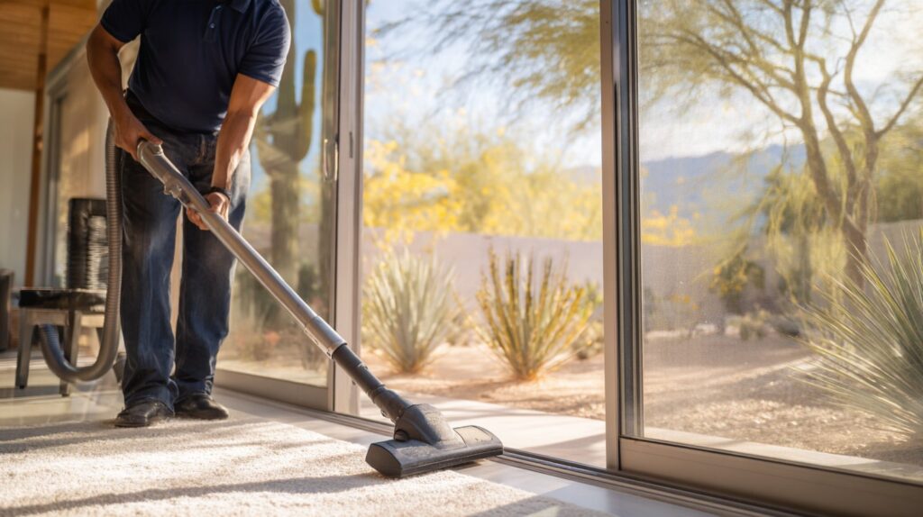 Window Tracks and Screens: The Dust Trap Most Valley Homes Ignore Technician vacuuming beside a sliding glass door track with a desert yard outside