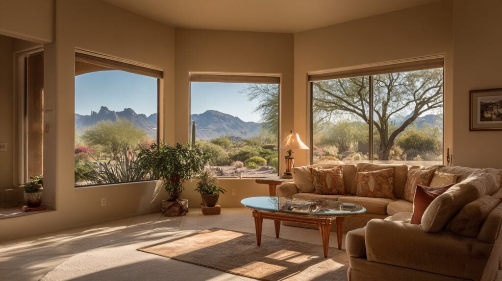 Sunlit East Valley living room with clean picture windows looking out at desert mountains